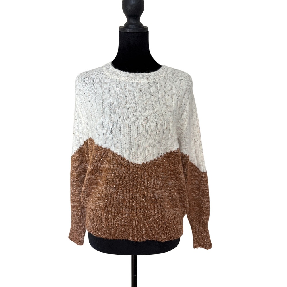 Cupcakes and Cashmere Anthropologie Women Medium Brown Cream Colorblock Sweater